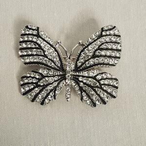 💎Rhinestone Butterfly Brooch Clear Stones Over Black Accent On Silver Tone Metal
